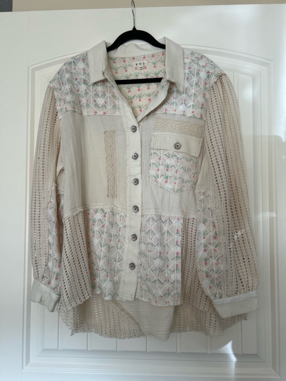 POL Cream Crochet & Embroidered Button-Front Jacket